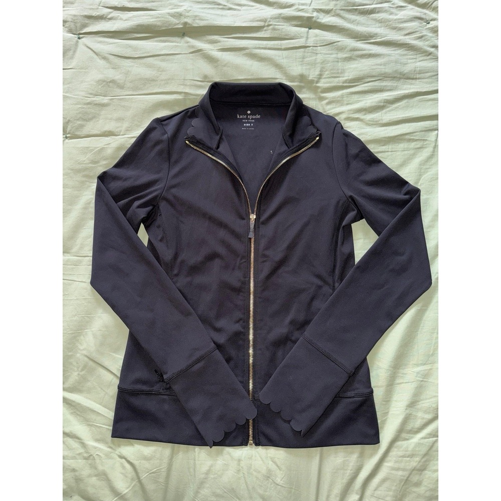 KATE SPADE Women Black Scallop Athleisure Zip Stretch Lightweight Jacket Sz S
